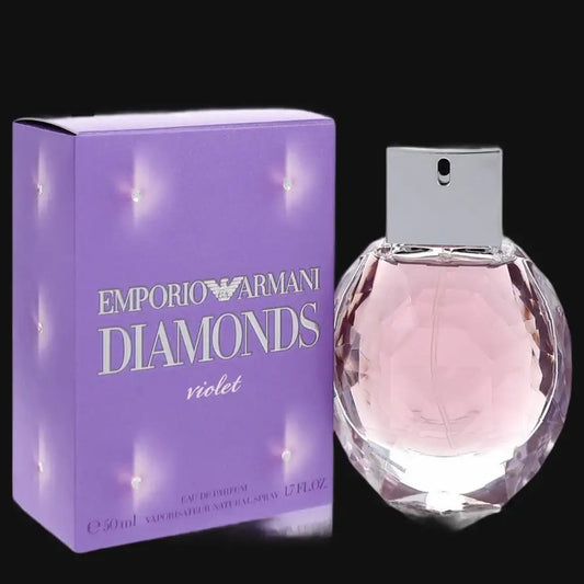 Violet perfume bottle with Emporio Armani Diamonds box, purple and pink tones