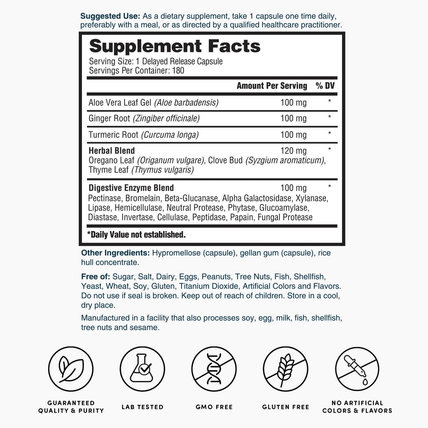 Supplement Facts panel for delayed-release capsules, serving size 1, container 180