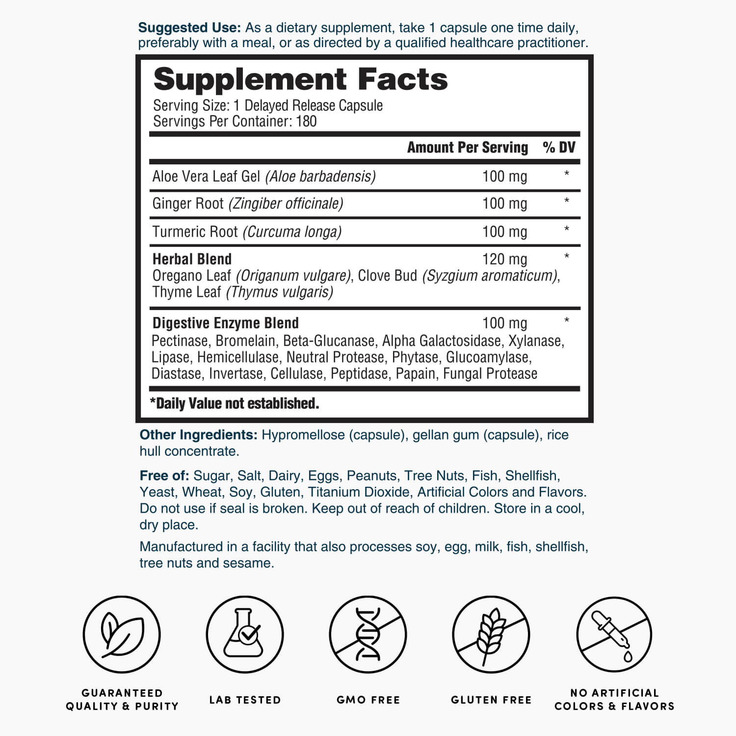 Supplement Facts panel for delayed-release capsules, serving size 1, container 180