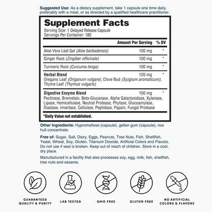 Supplement Facts panel for delayed-release capsules, serving size 1, container 180