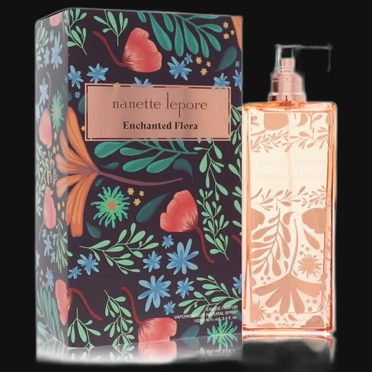 Women's Eau de Parfum set: decorated box and glass bottle with pink liquid