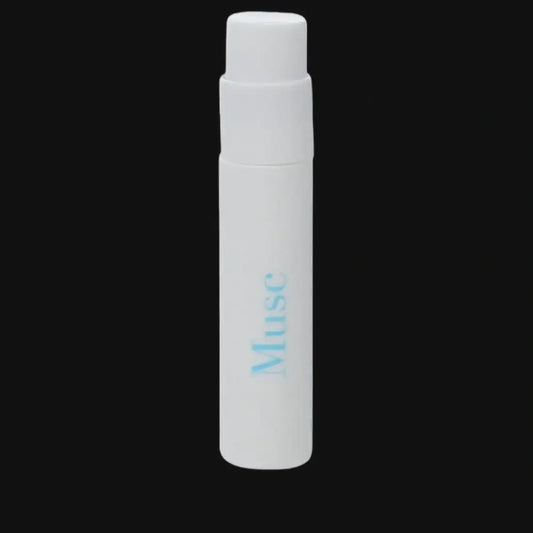 Women’s musc perfume spray bottle, white with cap and blue vertical lettering