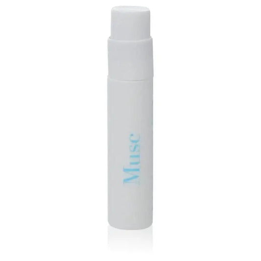 Women’s musc perfume bottle, white cylinder with top cap and blue side text