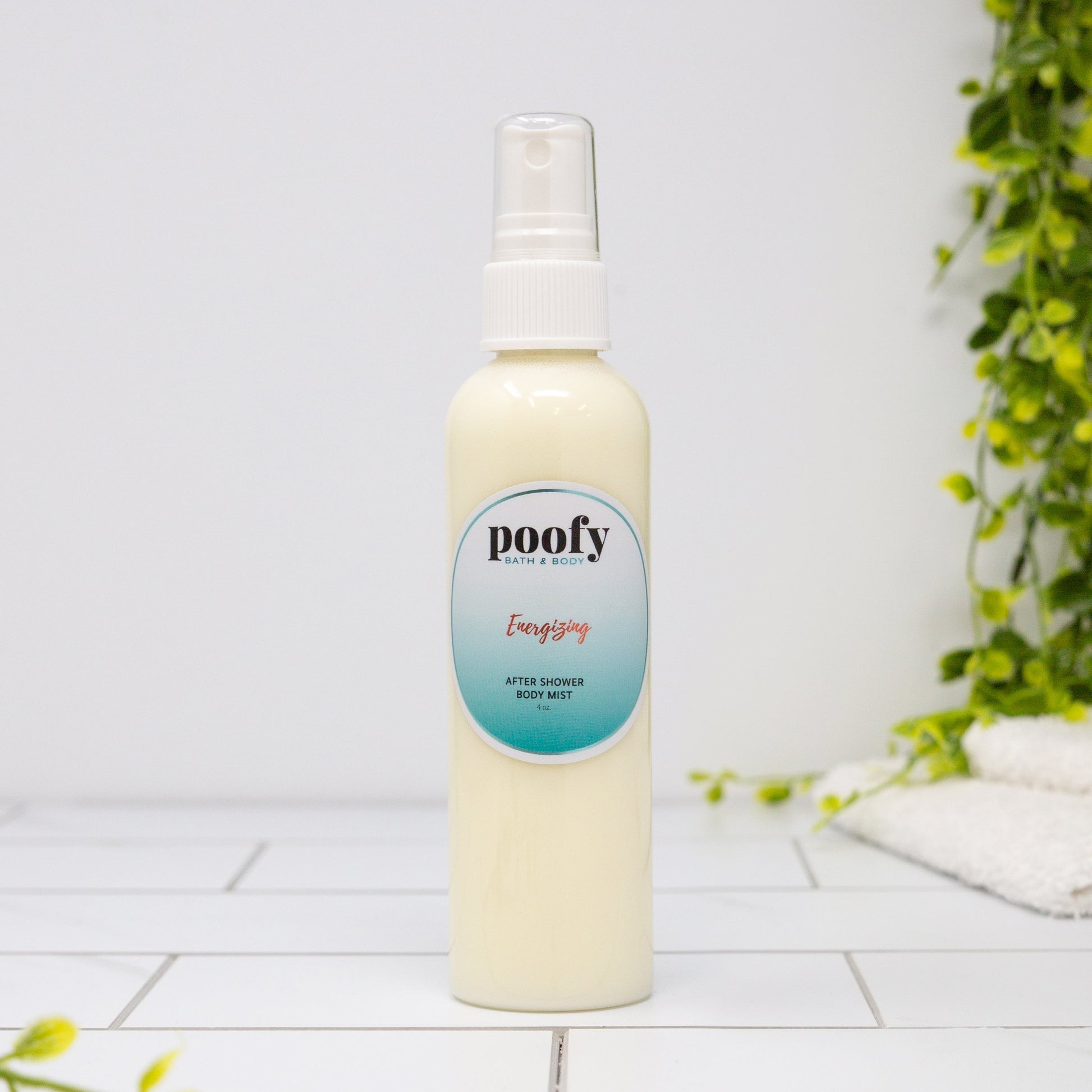 Energizing after-shower body mist spray bottle, white pump and poofy label