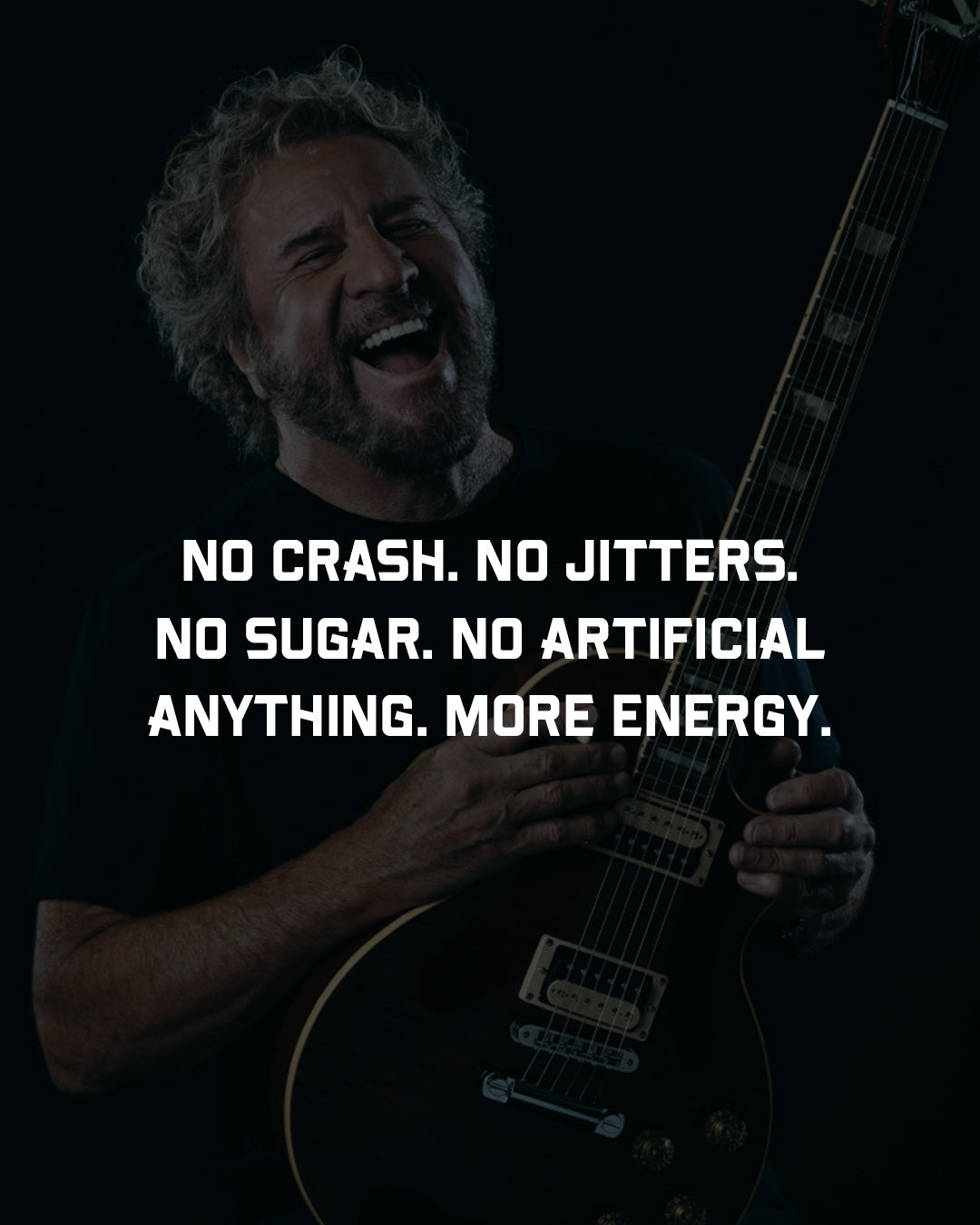 Energy Support supplement marketing image with man holding electric guitar