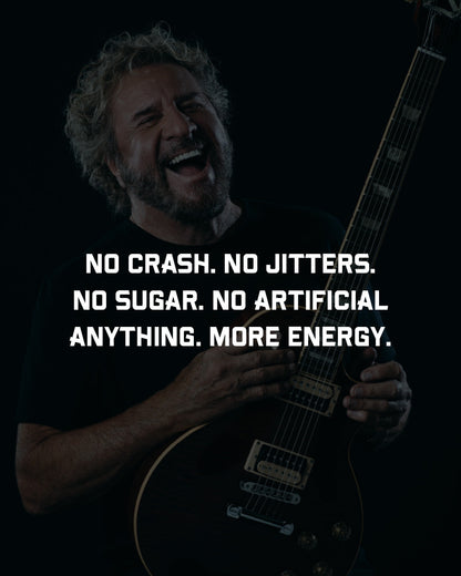 Energy Support supplement marketing image with man holding electric guitar