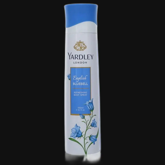 Yardley London Bluebell body spray with blue cap, cylindrical bottle
