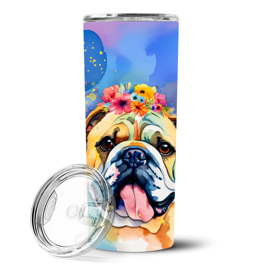 20 oz skinny stainless steel tumbler with lid and straw, floral blue watercolor bulldog art
