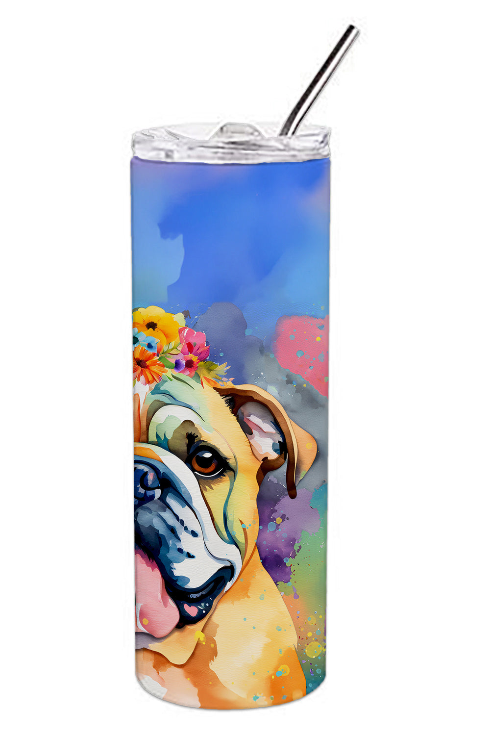 English Bulldog Hippie Dawg Stainless Steel Skinny Tumbler Vacuum Double Walled Reusable Insulated Tumbler Travel Cup for Coffee Cocktails Gift with Lid, 20 oz - Renee Lane Company