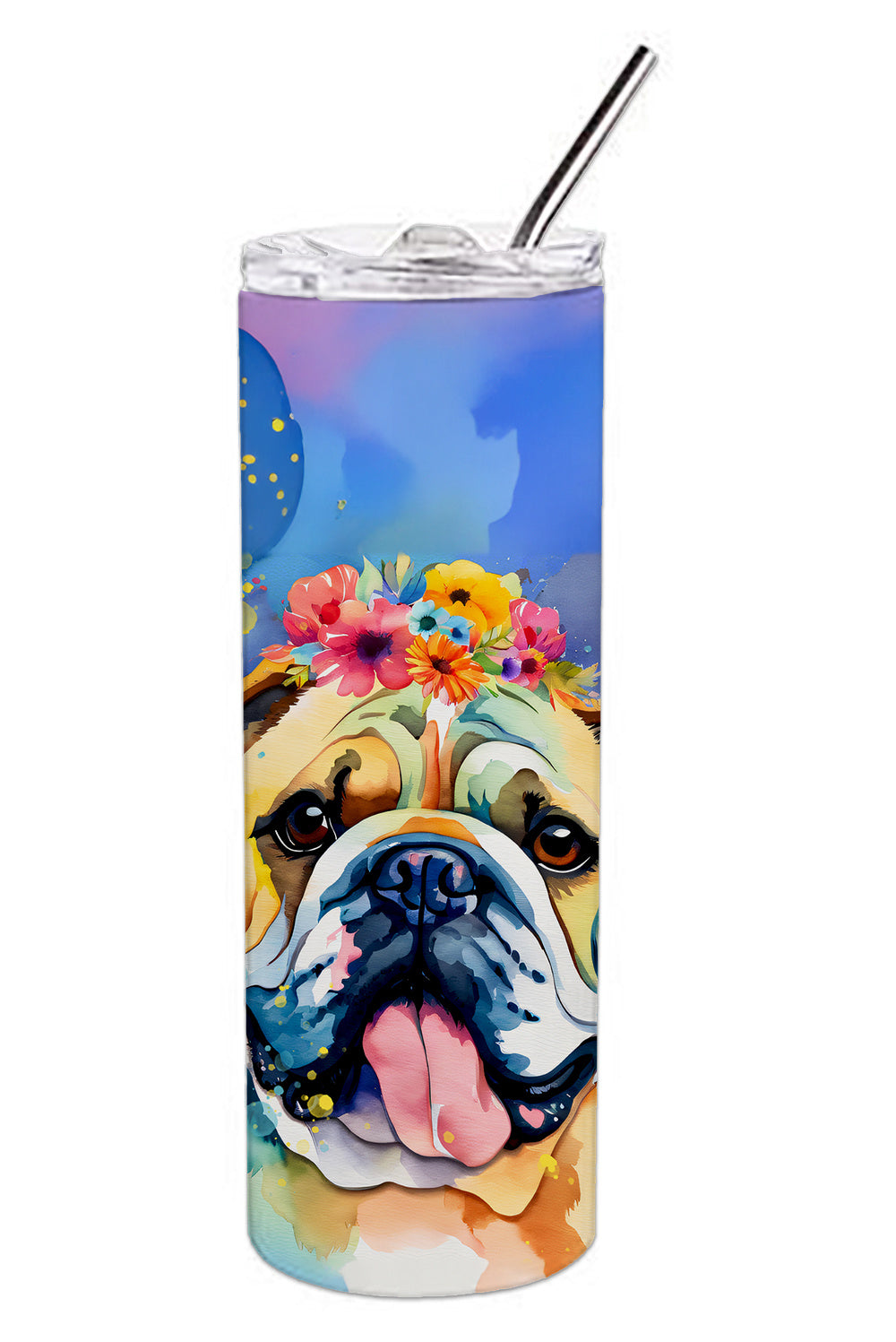 English Bulldog Hippie Dawg Stainless Steel Skinny Tumbler Vacuum Double Walled Reusable Insulated Tumbler Travel Cup for Coffee Cocktails Gift with Lid, 20 oz - Renee Lane Company