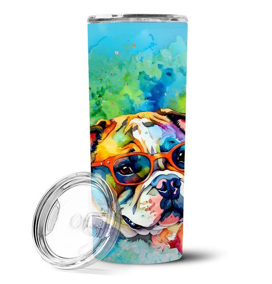 Stainless steel skinny travel tumbler with colorful dog artwork and clear lid