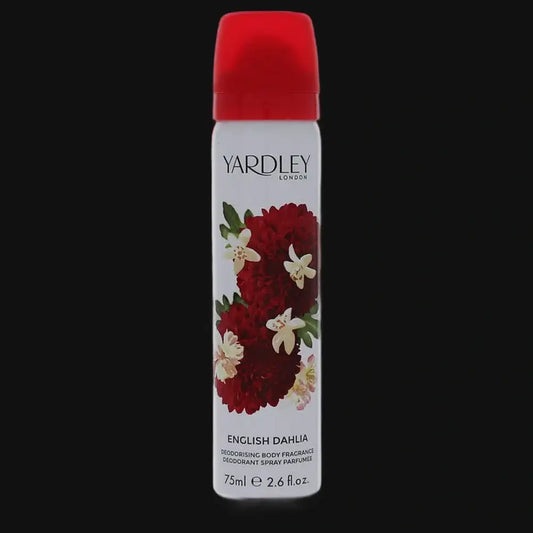 Yardley London English Dahlia deodorant spray bottle with red cap, floral label