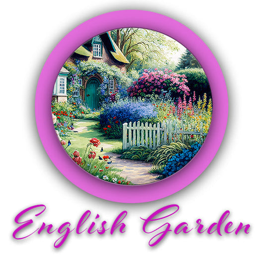 Compressed towel tin label with floral English Garden artwork