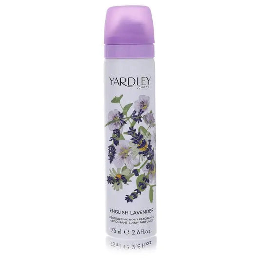 Yardley London English Lavender deodorant spray bottle, purple cap and floral label