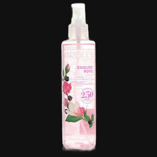 Yardley English Rose body fragrance spray, clear bottle with pink spray top