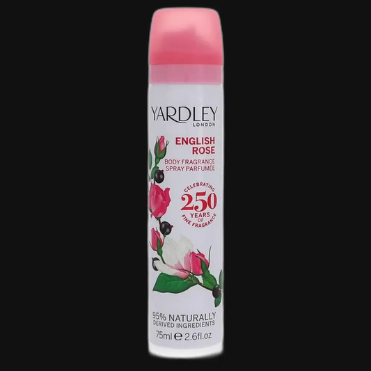 Yardley English Rose body fragrance spray bottle, tall white label on pink cap