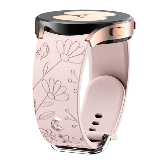 Pink silicone sport watch band with engraved daisy and butterfly floral design