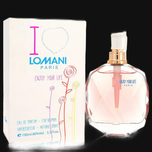 Women’s perfume bottle with pink glass and gold spray cap; includes matching box
