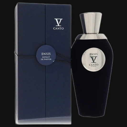 Ensis V by V Canto perfume bottle with outer box, dark blue bottle and silver cap