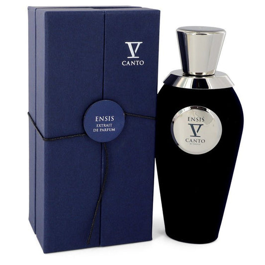 Unisex extrait de parfum spray bottle with black glass, silver cap, and navy box