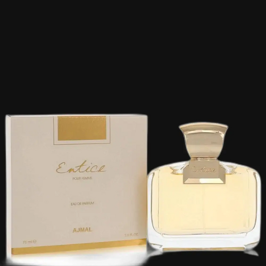 Women's Entice by Ajmal perfume bottle with box, amber glass and gold cap
