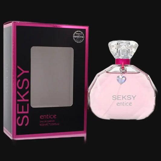 Seksy Entice womens perfume gift set with pink heart charm bottle and box