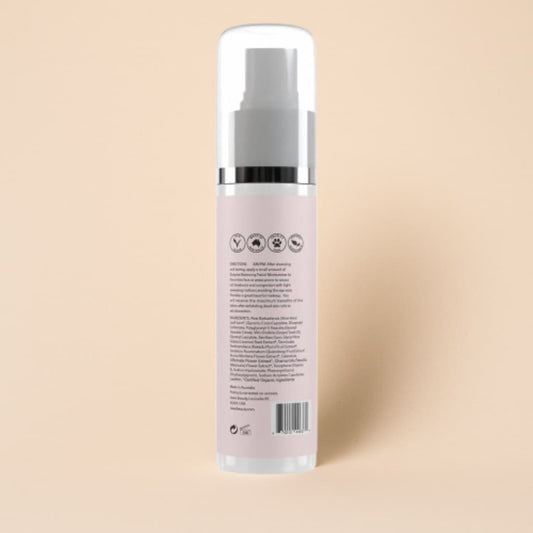 Facial moisturizer bottle back label with pump and clear cap, pale pink bottle