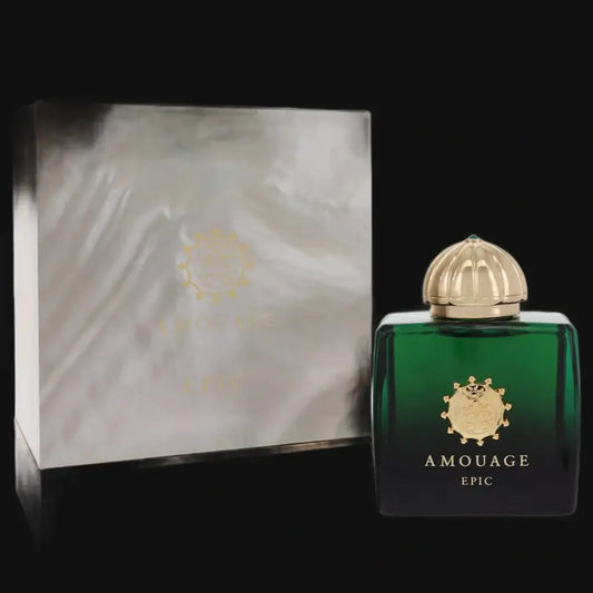 Amouage Epic women’s perfume bottle, dark green glass with gold dome cap and label