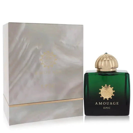 Amouage Epic women’s perfume bottle with gold cap, shown beside a gift box