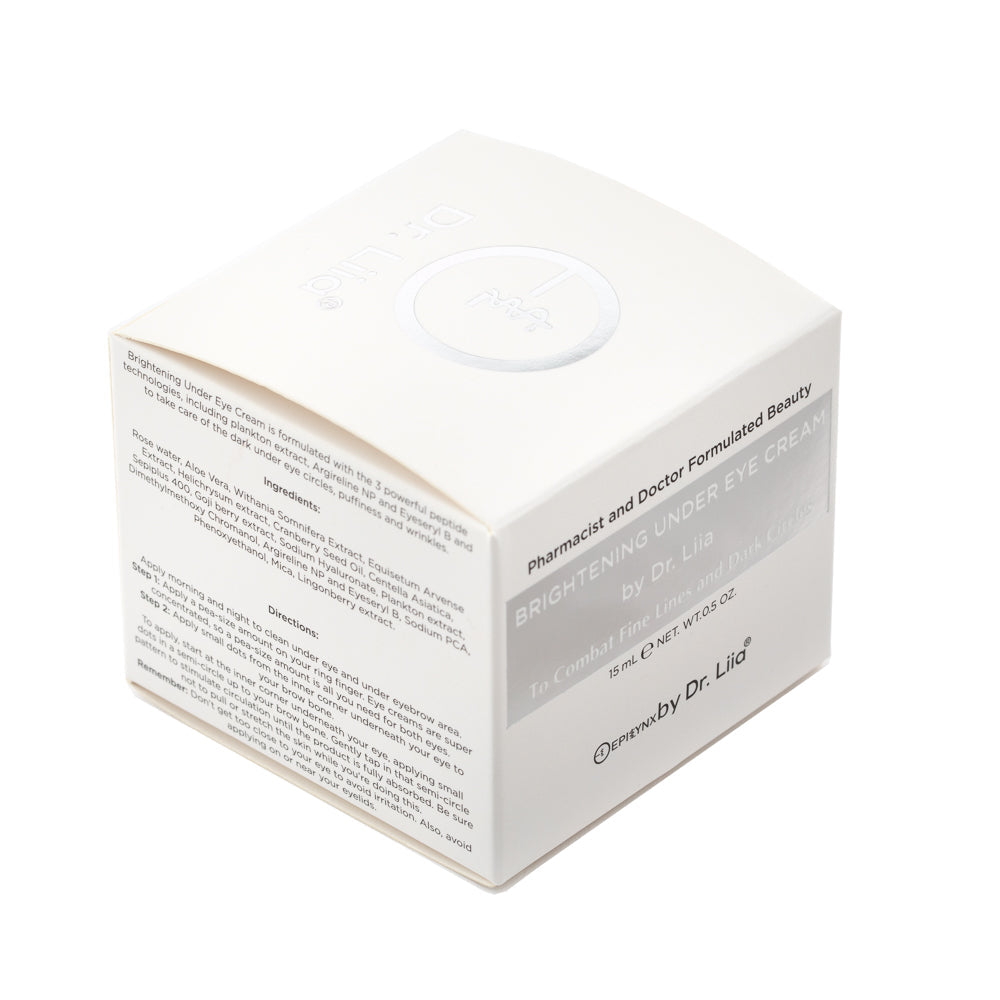 Brightening under eye cream product box with printed label on all sides.