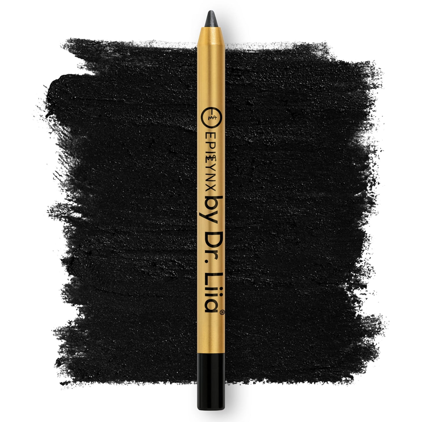 Kajal eyeliner pen with gold barrel and bold black smudge swatch