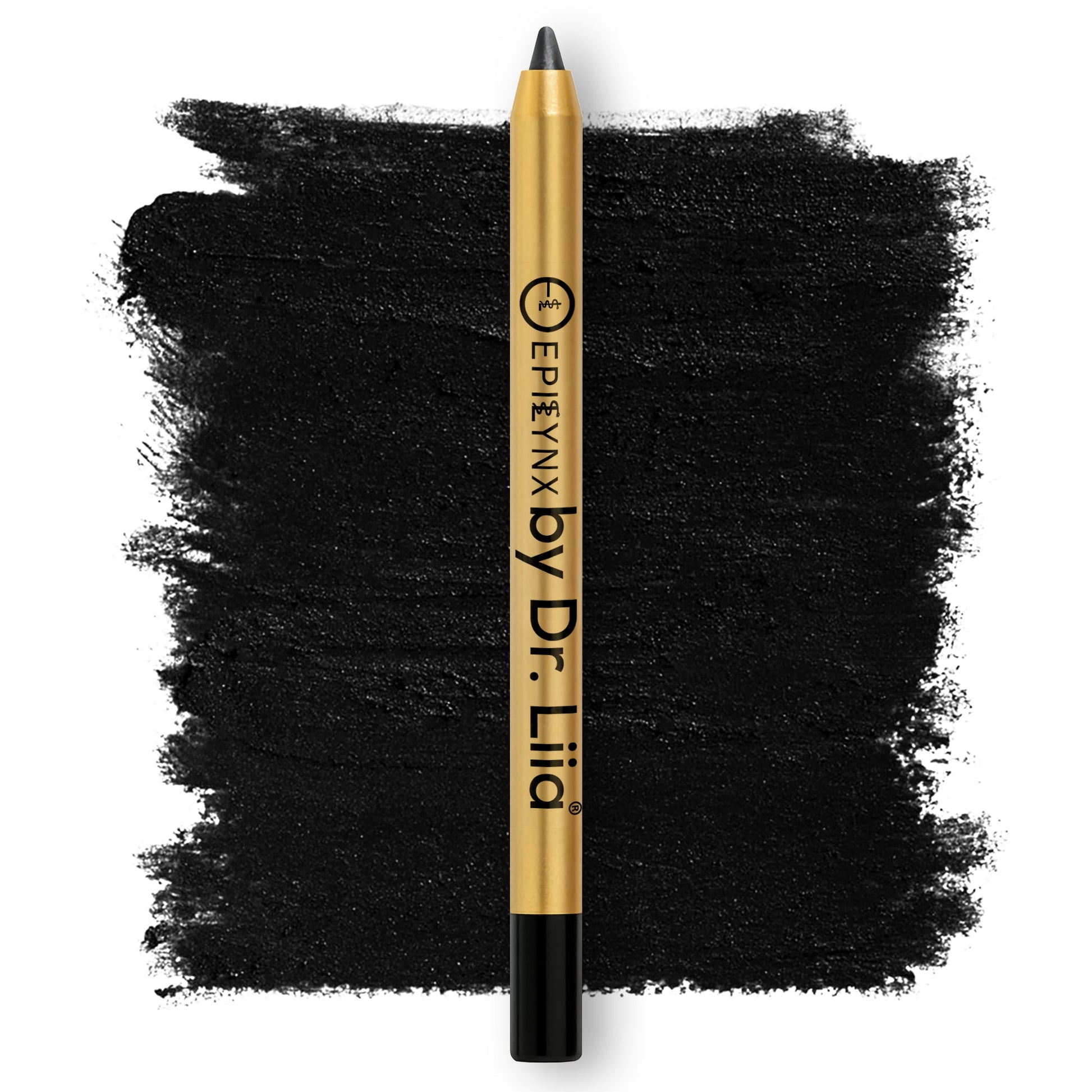 Kajal eyeliner pen with gold barrel and bold black smudge swatch