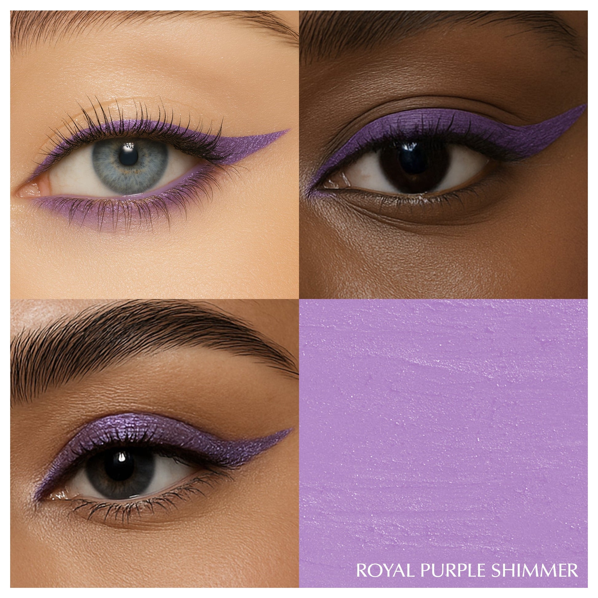Royal purple shimmer kajal eyeliner applied on upper lash line with wing