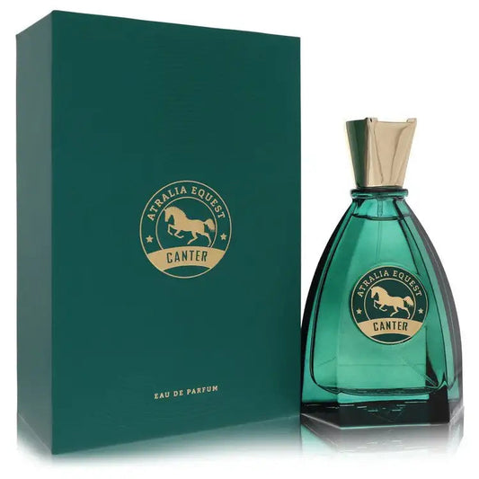 Teal unisex perfume bottle with gold Canter emblem, paired with green gift box