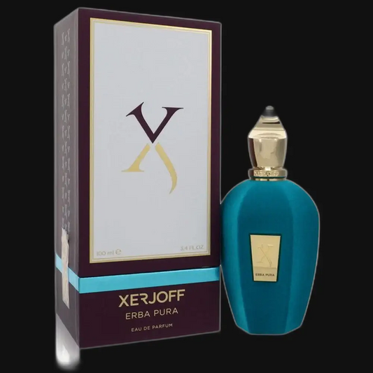 Turquoise perfume bottle with gold cap and maroon perfume box, unisex