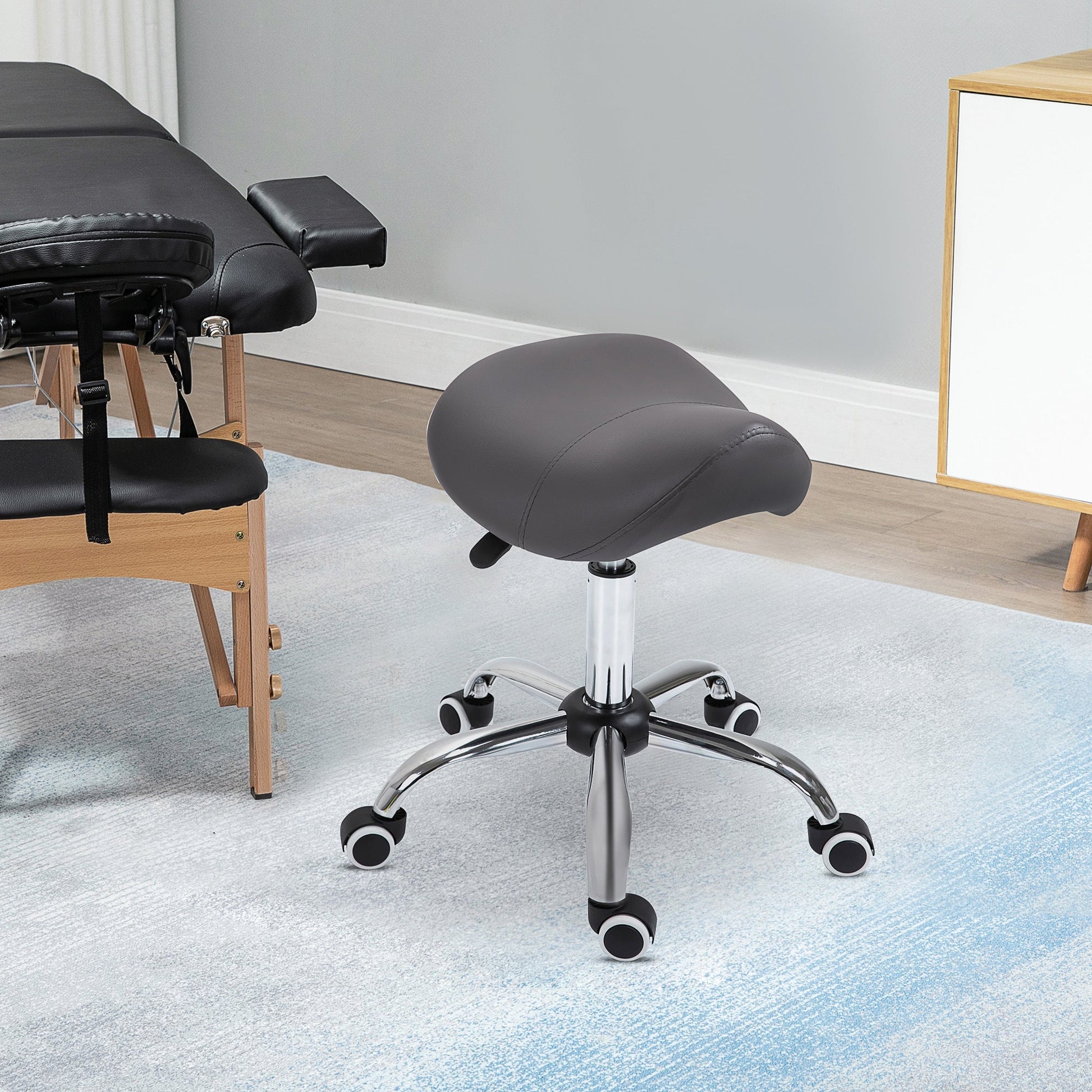 Ergonomic Rolling Saddle Stool PU Leather Hydraulic Spa Stool Height Adjustable Swivel Drafting Medical Salon Chair, Grey - Renee Lane Company