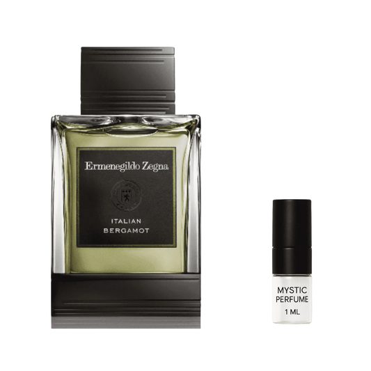Italian Bergamot EDT spray bottle with dark cap plus Mystic Perfume vial, 1 mL