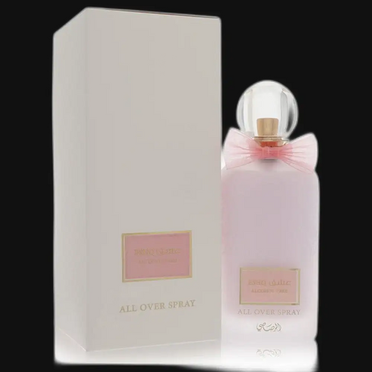 Eshq by Rasasi unisex all-over spray box and bottle, light pink label and bow