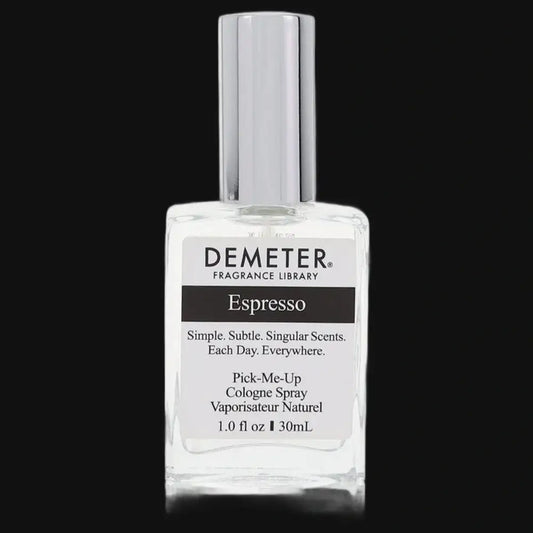 Demeter Espresso fragrance perfume bottle with silver cap, clear glass and label