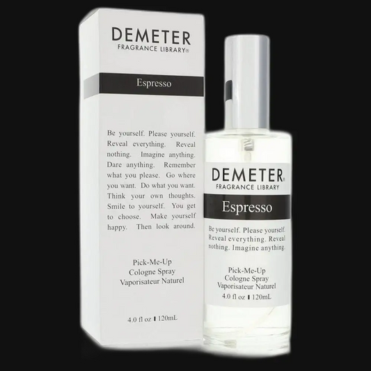 Demeter Espresso perfume set with box and bottle, silver cap, clear liquid
