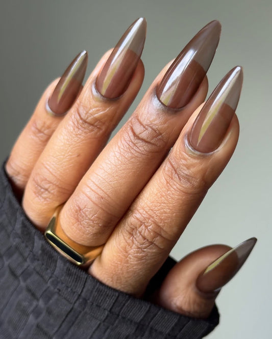 Espresso Glaze nail polish on long almond nails, glossy espresso-brown finish.