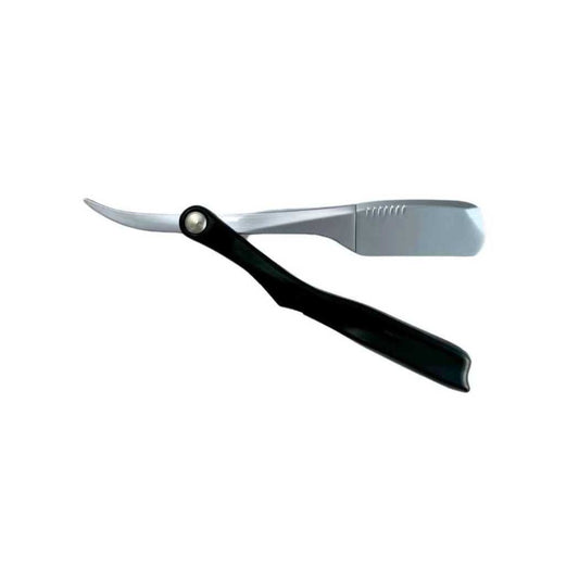 Black-handled shavette razor with grey metal head and exposed double-edge blade