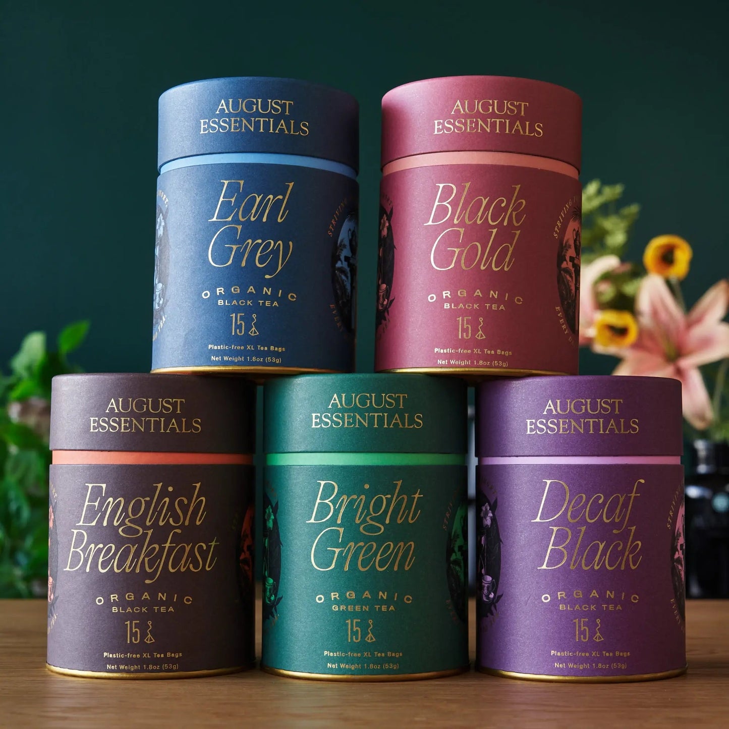 Earl Grey organic black tea tin, light blue canister with gold lid
