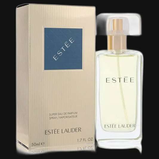 Women's perfume spray bottle with gold cap, shown with beige product box