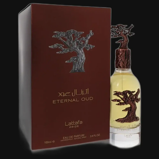 Unisex eau de parfum set: dark brown box with silver tree, amber bottle