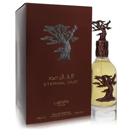 Unisex eau de parfum set: front brown box with silver tree, amber bottle