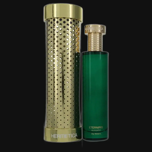 Women's perfume set: tall gold perforated cylinder bottle and small green bottle with gold cap