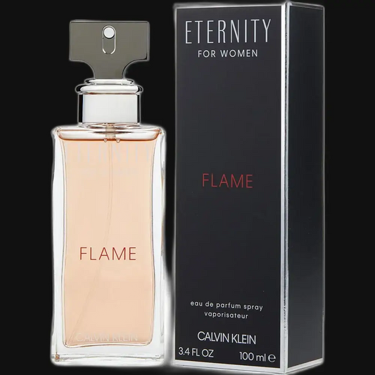 Women's Eternity Flame by Calvin Klein eau de parfum, clear glass bottle with pink liquid
