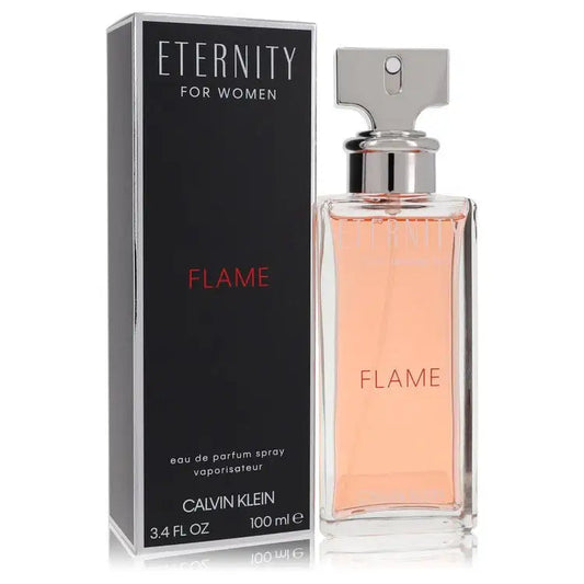 Women's perfume set: Eternity Flame by Calvin Klein box and frosted glass bottle with pink liquid