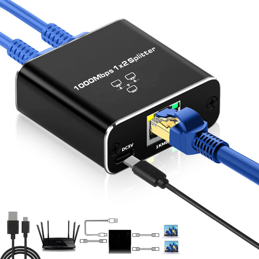 Ethernet gigabit splitter adapter with USB-C charging cable and two RJ45 ports, black